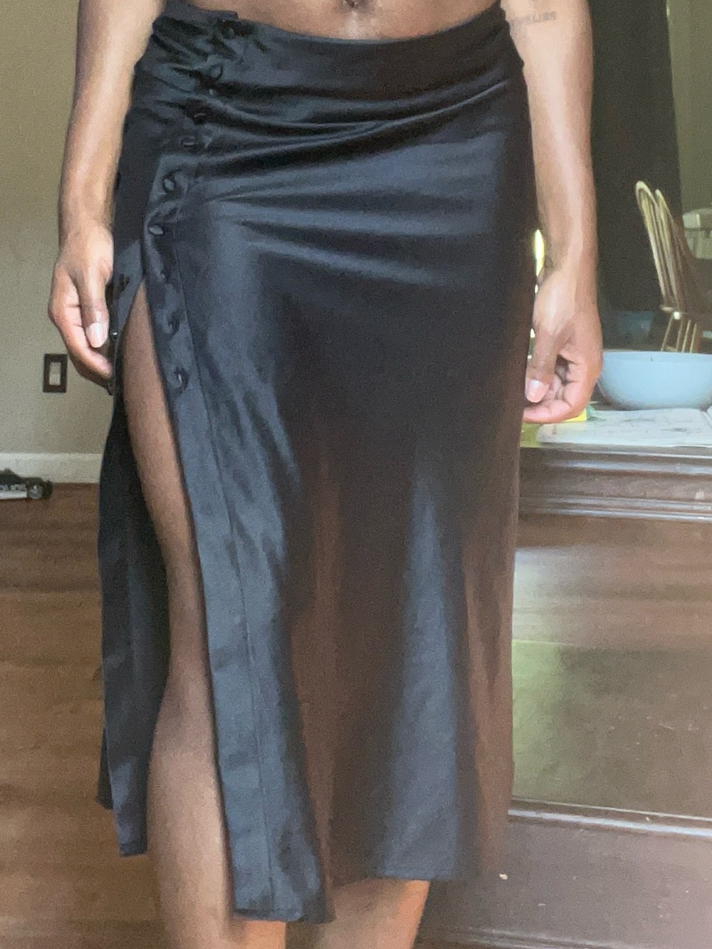Black Satin Midi Skirt with Side Slit and Button Trim